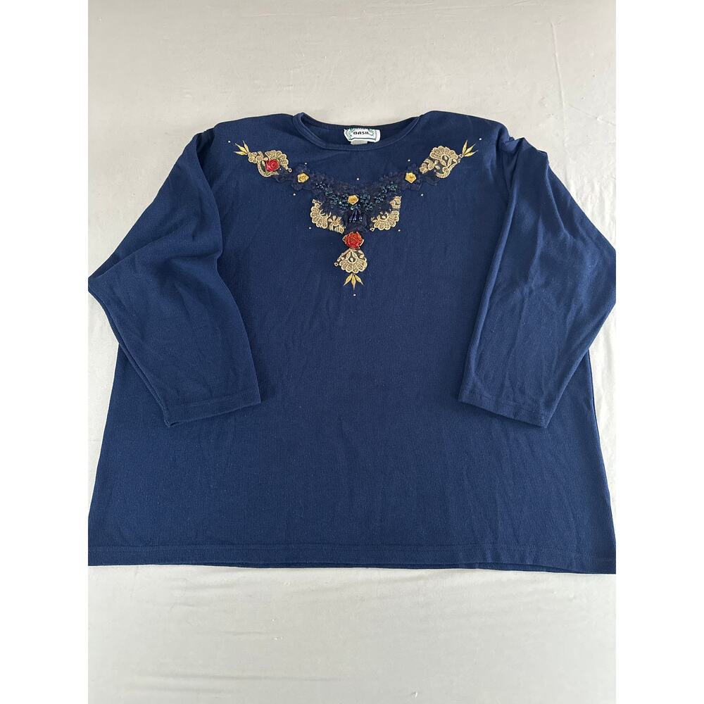 VTG Basil Womens Bead & Button Embossed Floral Navy Pullover L/S Shirt Sz 2X USA